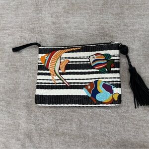 Sam Edelman Black and White Striped Wristlet with Colorful Fish Embroidery